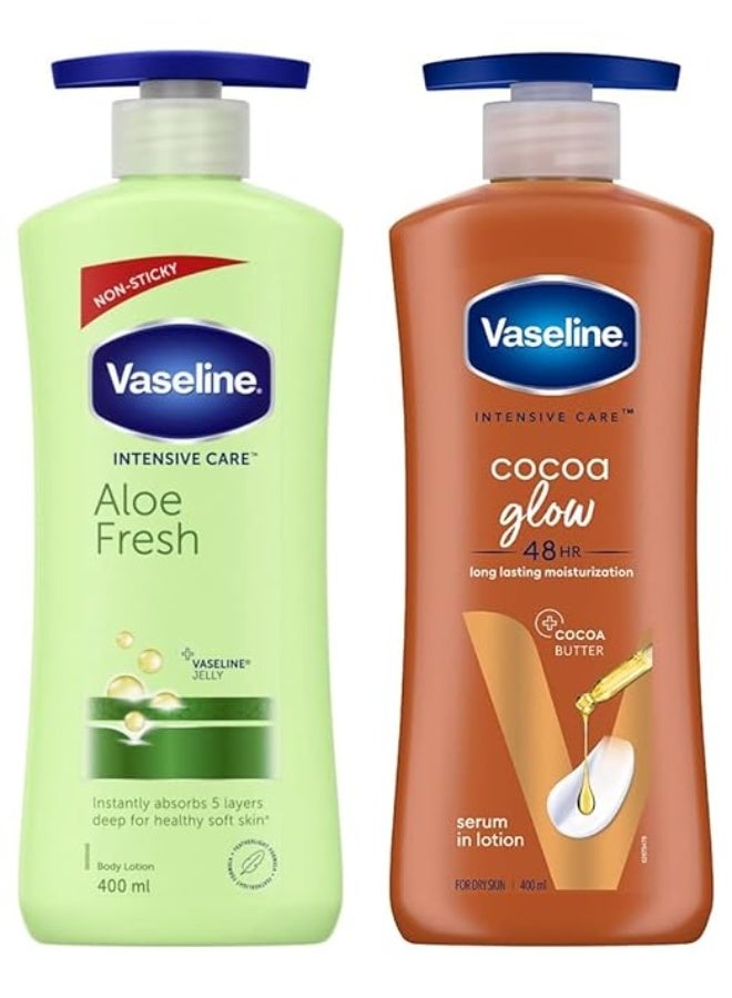 فازلين لوشن فازلين للعناية المركزة للجسم بخلاصة الصبار المنعش، 400 مل، مرطب يومي للبشرة الجافة، يمنح البشرة إشراقة غير دهنية - ولوشن فازلين للعناية المركزة للجسم بخلاصة الكاكاو، 400 مل - Image 1